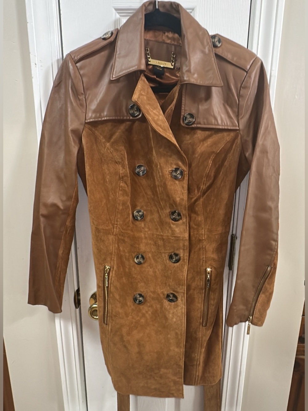 IMAN Two-Tone Brown Suede and Leather Trench Coat (mix26) - Picture 8 of 11